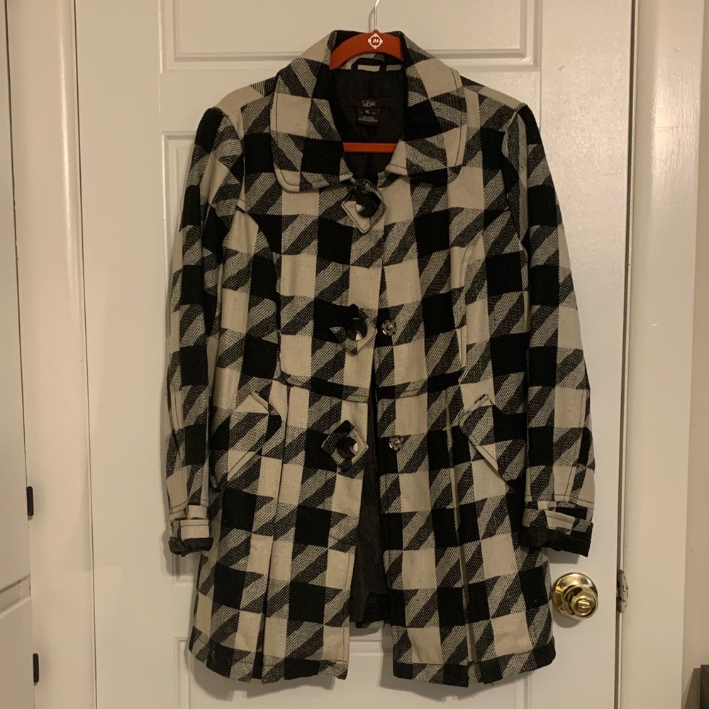 Luii Black and Cream Patterned Pea Coat